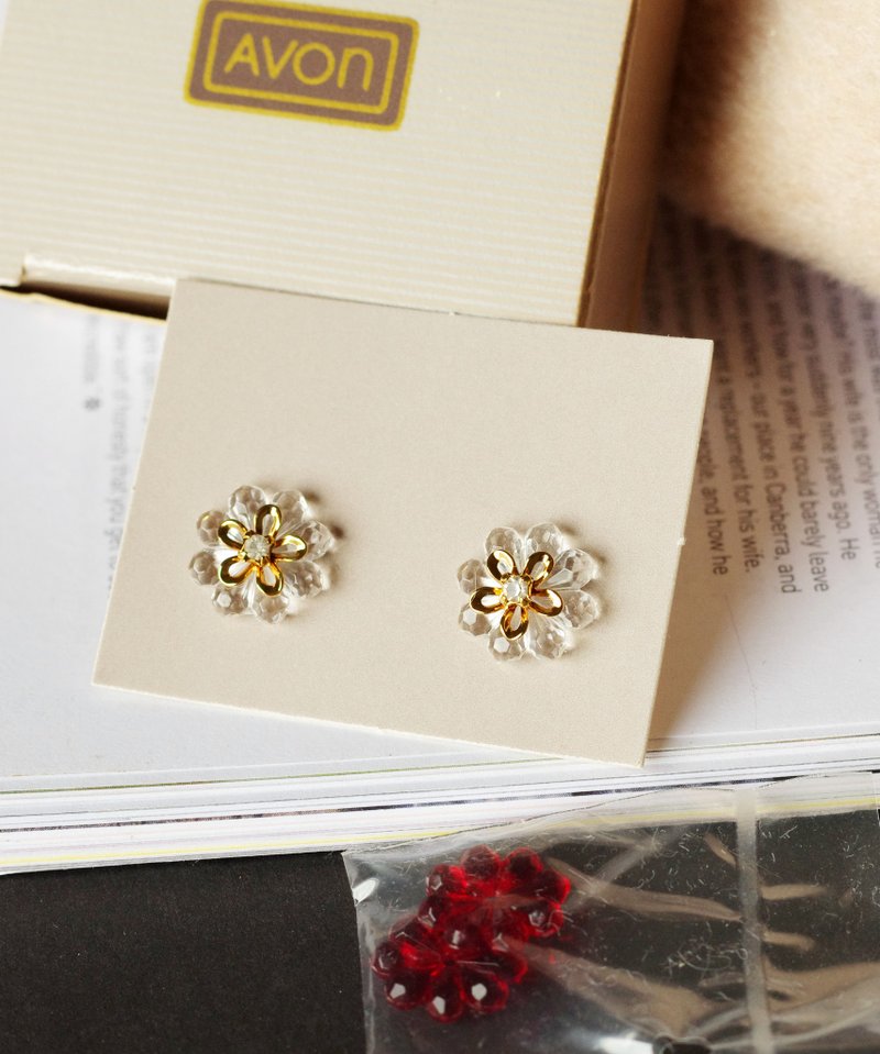 老又好古董珠寶 Vintage 透明紅金色花針式耳環 1986 Avon P130 - 耳環/耳夾/耳骨夾 - 其他金屬 金色