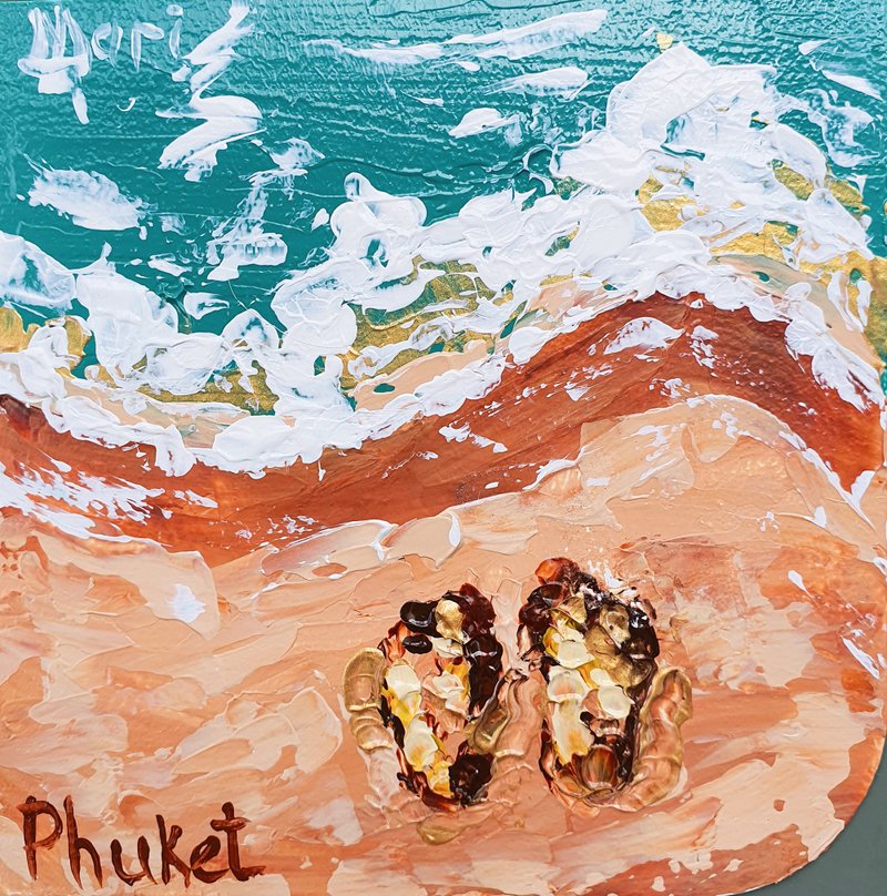 Beach Painting Footprints Sand Original Art Seascape Holidays Barefoot Wave Sea - 海報/掛畫/掛布 - 其他材質 藍色