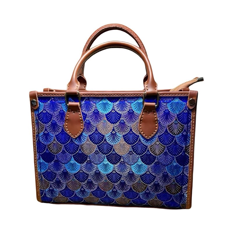 湛藍錦浪 織錦緞托特包 手工真皮包 皮革手提包 手提袋 接單訂製 - 手袋/手提包 - 真皮 藍色