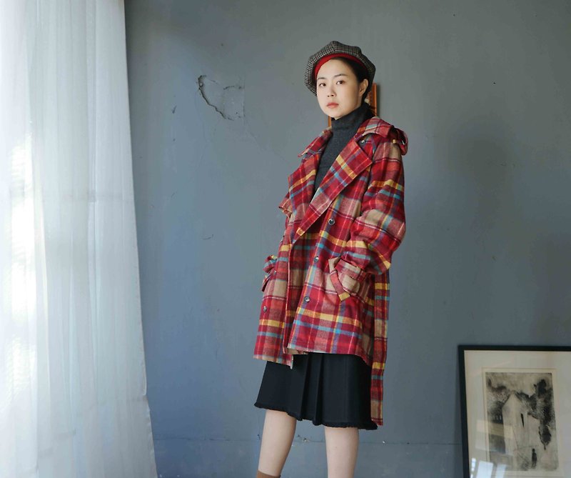Treasure hunt vintage-red check double row wool coat coat - Women's Casual & Functional Jackets - Polyester Red