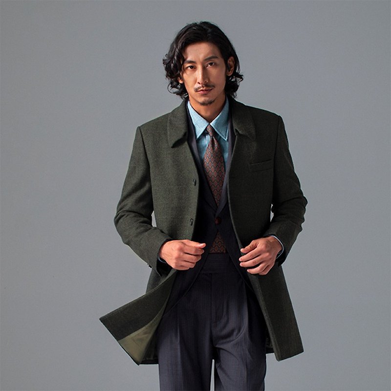 SOARIN英倫復古保暖羊毛翻領格紋修身大衣外套 - 墨綠 (213DY403) - 男裝外套/大衣 - 羊毛 綠色