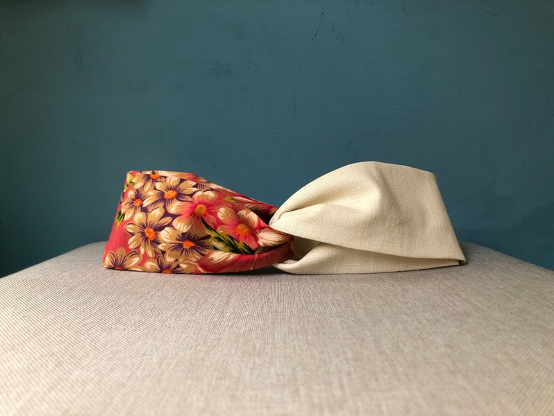 雙拼髮帶 / 客家被褥 - 米白 / 客家花布 - 髮箍/髮帶 - 棉．麻 白色