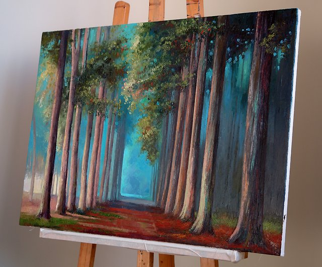 森の風景オリジナル油絵松の木アートインパスト絵画ウォールアート