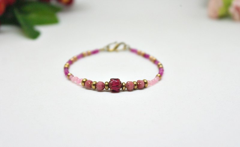 Natural stone bracelet _ x Bronze button Czech star rose quartz # # # # # chalcedony agate # - Bracelets - Gemstone Red