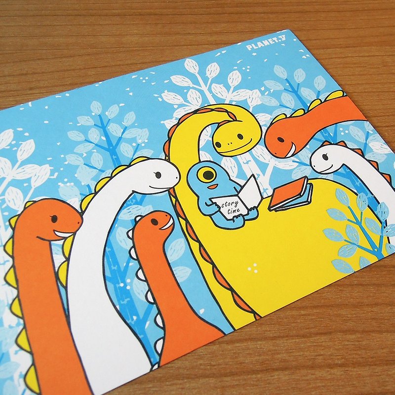 y planet_ and dinosaurs reading time postcard - การ์ด/โปสการ์ด - กระดาษ สีน้ำเงิน