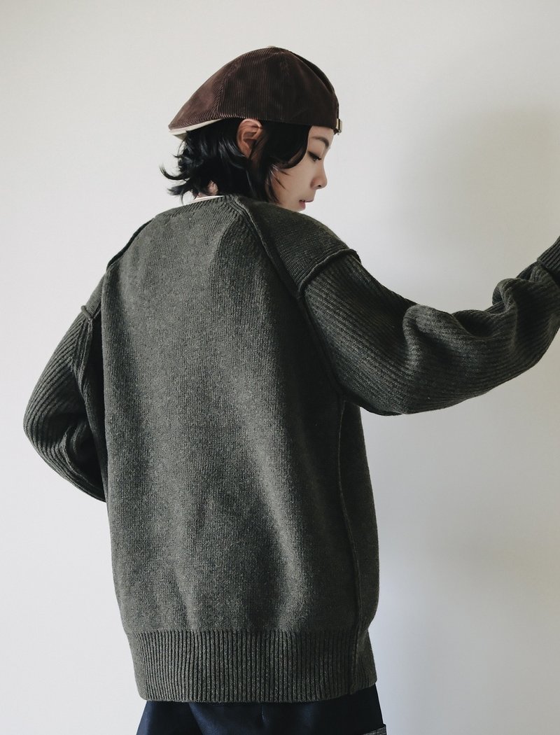 Salty style slightly wide topstitch sweater-3 colors-Matcha style - Women's Sweaters - Wool Green