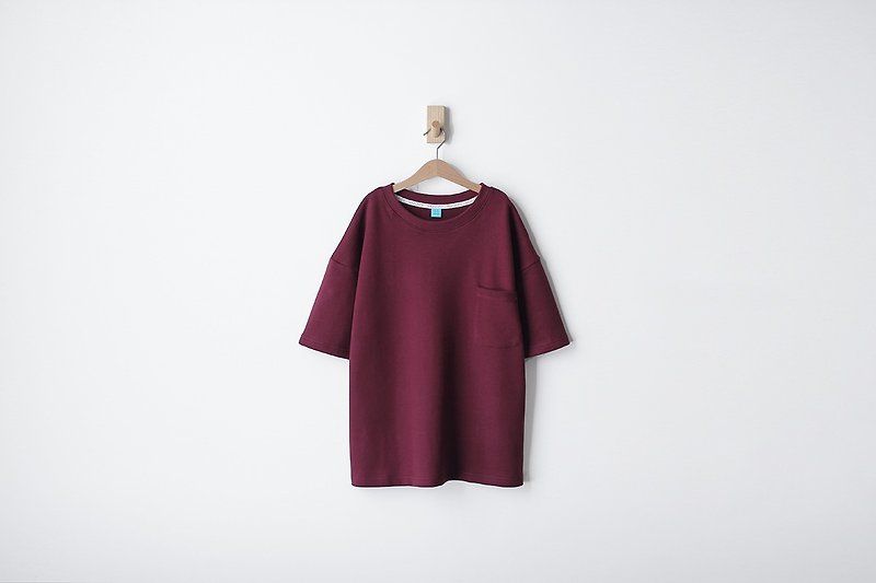 Thick version loose drop shoulder top cotton plain face red pocket Tee - Women's T-Shirts - Cotton & Hemp Red