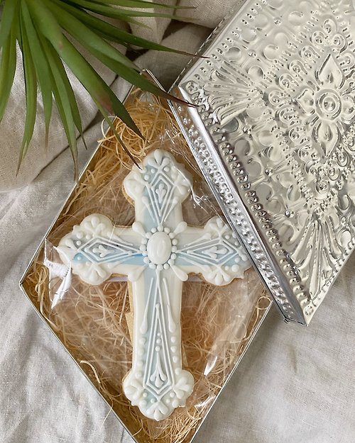 sai-art-cookies 有機糖霜餅乾 - 白色復古十字架 / 附精緻鐵盒