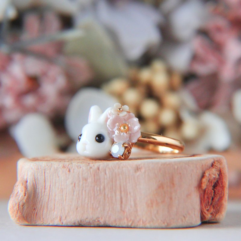 Rabbit and Pink Poppy Ring - General Rings - Other Metals Pink