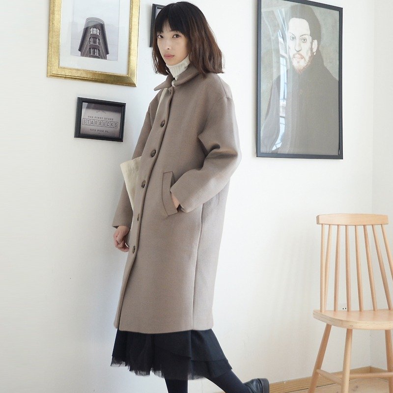 奶茶色毛呢絨面大衣|大衣|毛呢|獨立品牌|Sora-68 - 女大衣/外套 - 羊毛 