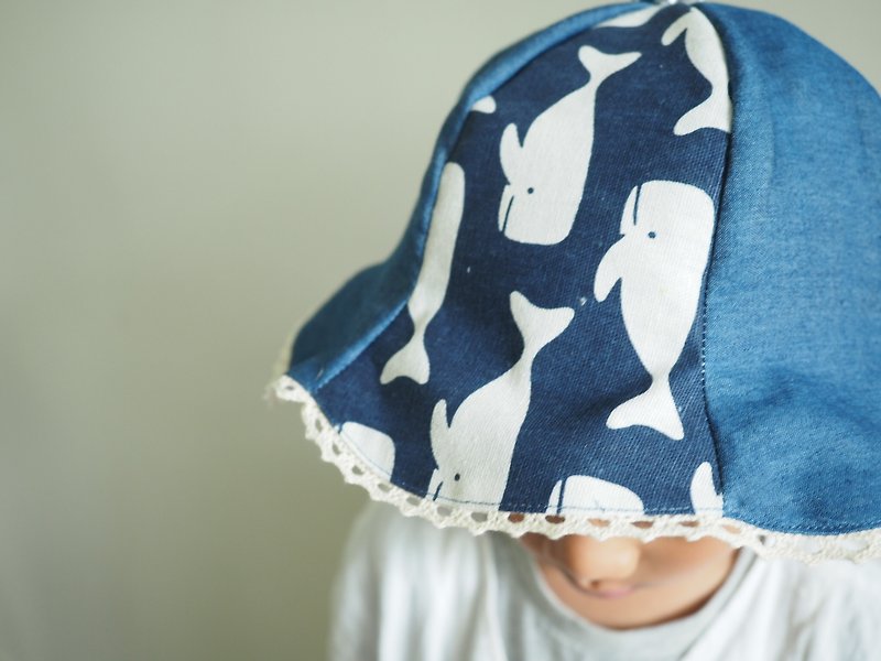 ダークブルー綿の帽子の子の赤ちゃんマッコウクジラパターン - スタイ - コットン・麻 ブルー