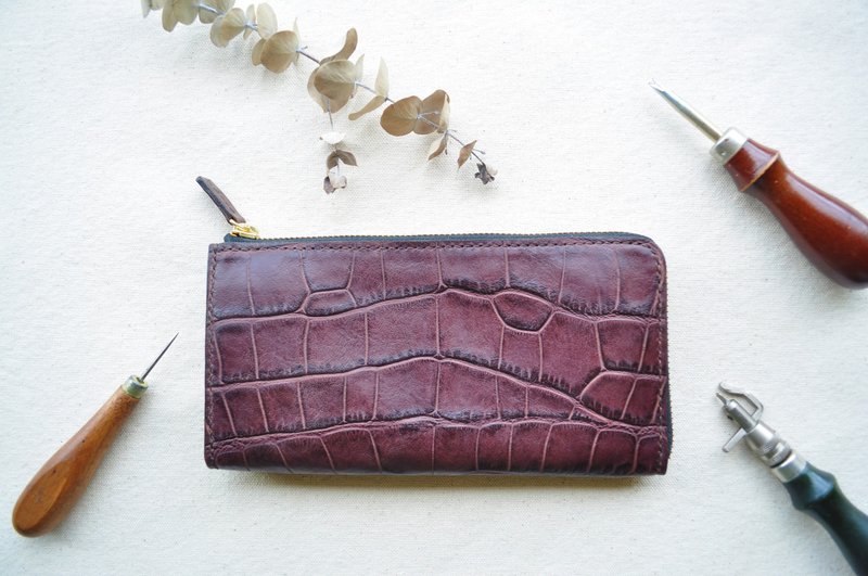 L-shaped zipper clip-coffee (crocodile embossed vegetable tanned leather) - Wallets - Genuine Leather 