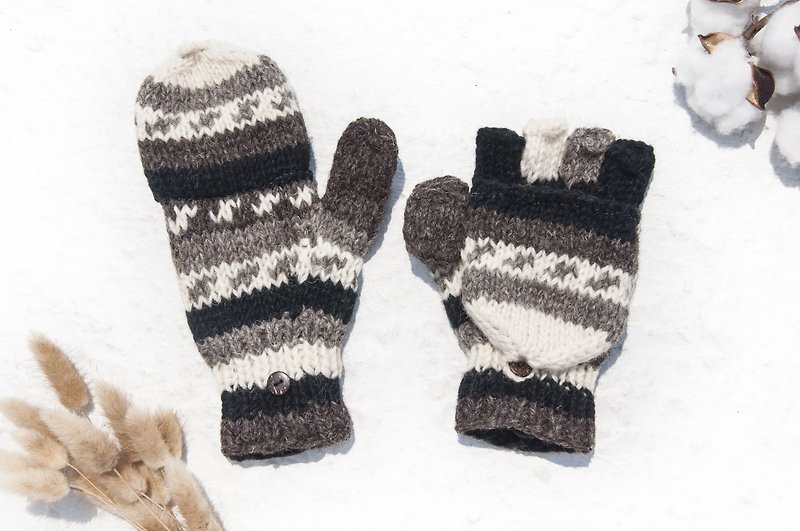 Hand-knitted pure wool knit gloves / detachable gloves / inner bristled gloves / warm gloves - South American coffee - Gloves & Mittens - Wool Brown