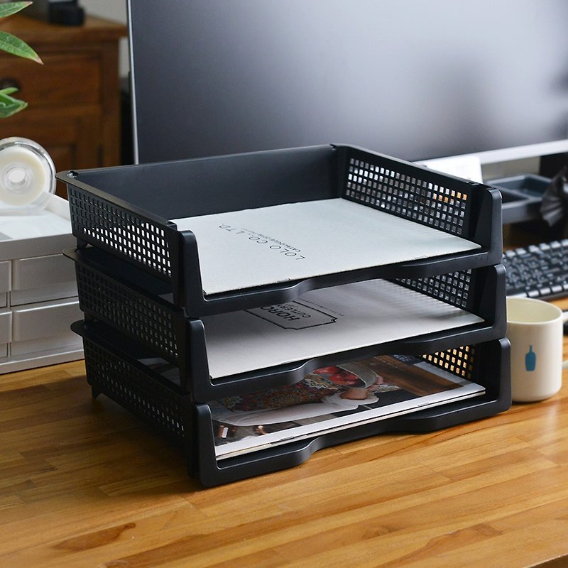 日本仲林 日製橫式可層疊桌上用A4文件分類收納架-3入-特殊賣場 - 收納箱/收納用品 - 塑膠 黑色