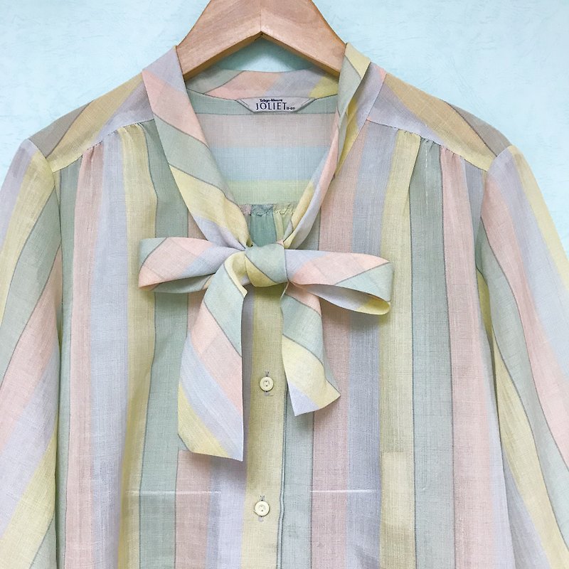 Vintage blouse / dreamy rainbow striped sleeve shirt - เสื้อเชิ้ตผู้หญิง - ผ้าฝ้าย/ผ้าลินิน หลากหลายสี