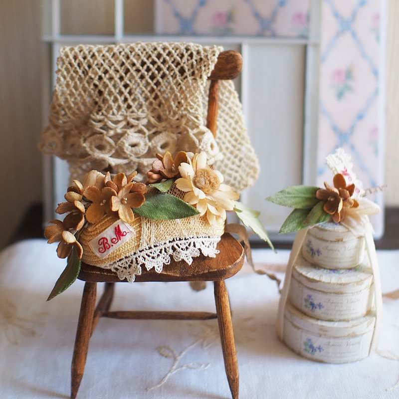Bonnet & Mini brooch. Osmanthus & Yellow cosmos. Doll accessories. - 髮夾/髮圈 - 棉．麻 橘色