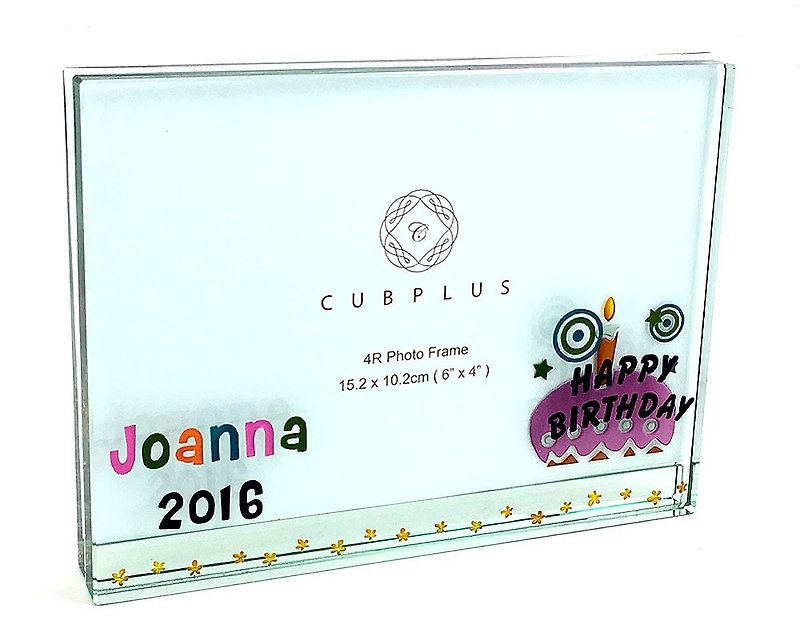 4R Crystal Glass Frame - Birthday Cake including casting & coloring name & date - Picture Frames - Glass Multicolor