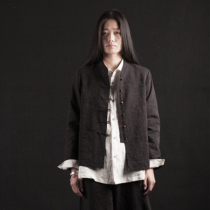 新しい中国スタイルのバックルの襟の襟のジャカードのショートコート - トップス - コットン・麻 ブラック