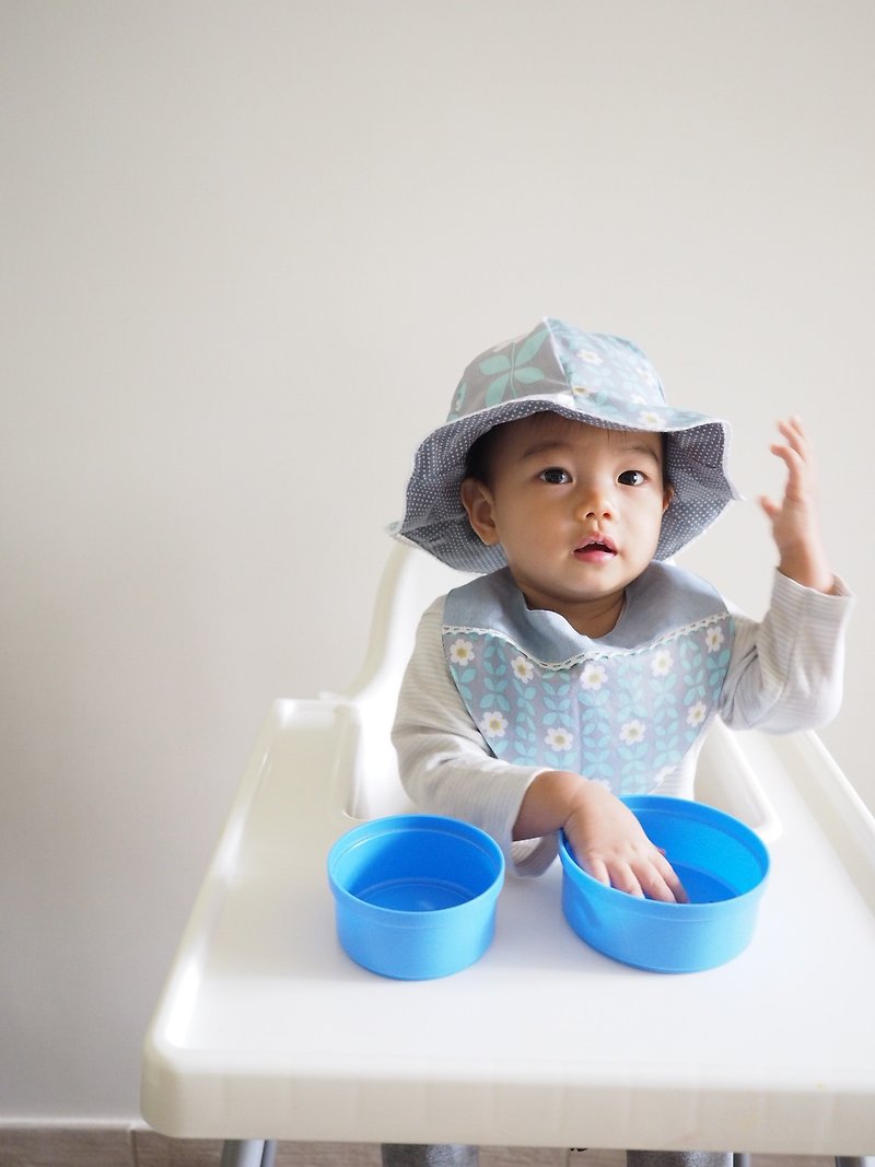 親子スーツ - ピンクブルーの花柄の赤ちゃん/子供用コットンハットヘアクリップとよだれかけセット - スタイ - コットン・麻 ブルー