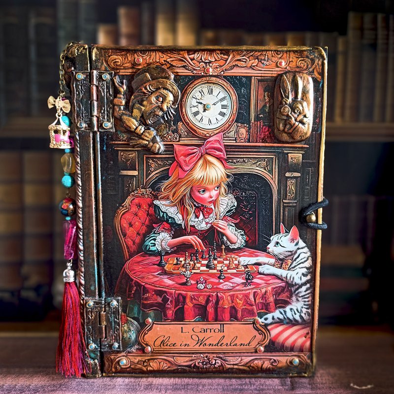 Wooden book box,Tarot cards box,Alice in Wonderland,Mad Hatter box,White rabbit - 居家收納/收納盒/儲物盒 - 木頭 紅色