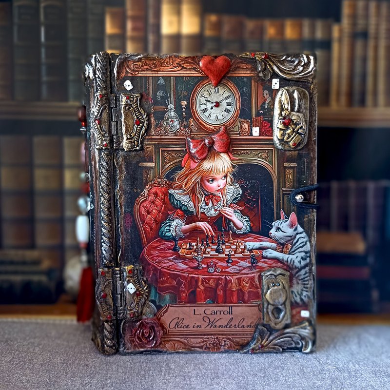 Wooden book box,Tarot cards box,Alice in Wonderland,Mad Hatter box,White rabbit - 居家收納/收納盒/儲物盒 - 木頭 紅色