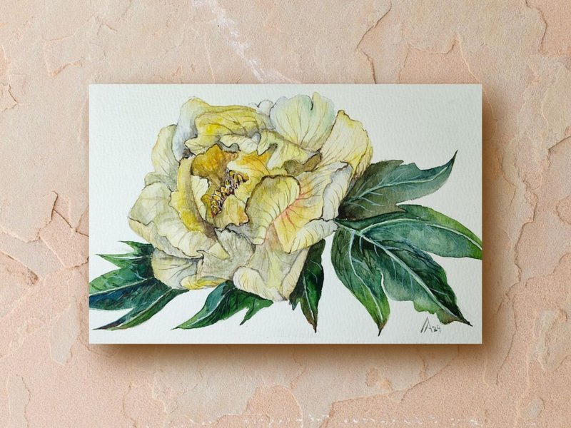 Yellow peony painting original watercolor art plant floral artwork flower - 海報/掛畫/掛布 - 紙 黃色