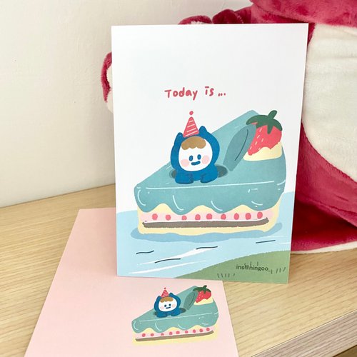 Ning's可愛小藍 Nings 明信片-生日卡 小蛋糕