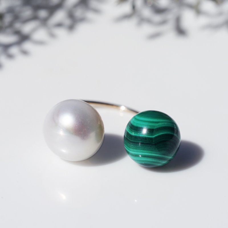 14KGF Stone and Pearl Fork Ring, Green and Silk - Hair Accessories - Gemstone Green