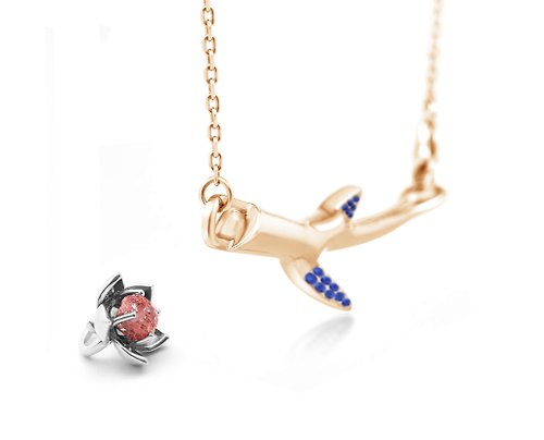 Majade Jewelry Design 花吹雪 藍寶石荆棘樹枝+草莓晶櫻花二合一項鍊組合 純銀花刺吊墜