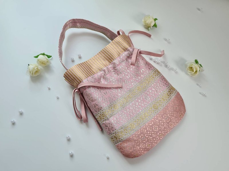Premium Thai silk handmade bag - (Light pink with silver and gold thread) - Handbags & Totes - Silk Pink
