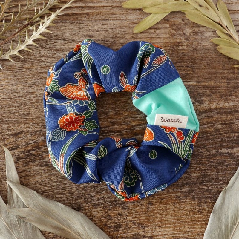 Chrysanthemum and butterfly pattern, happy hair accessory , scrunchie - Hair Accessories - Cotton & Hemp Green