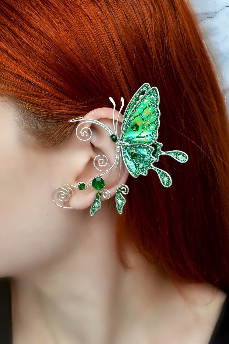 Butterfly ear cuff earring no piercing - Earrings & Clip-ons - Copper & Brass Green