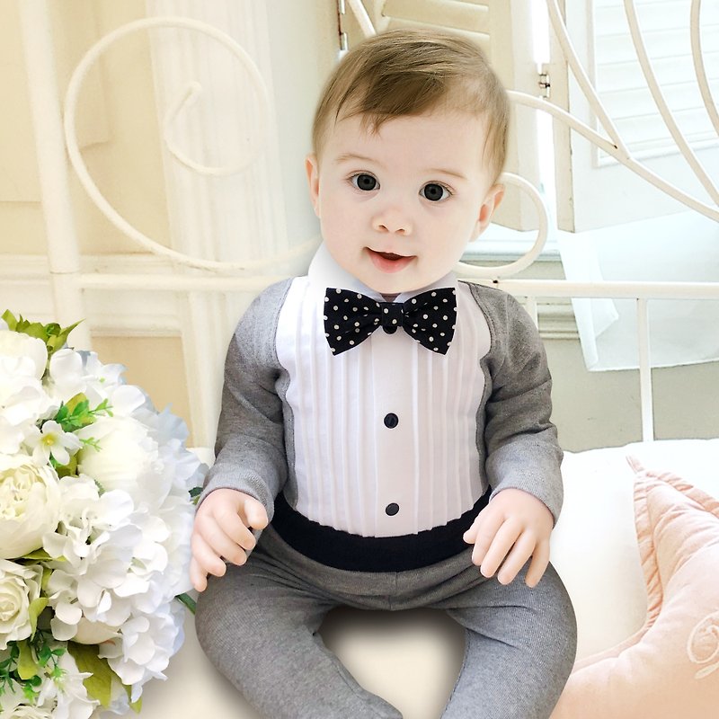 British royal bow tie little gentleman gray long-sleeved shirt-style fake two-piece baby baby bag fart clothes - ชุดทั้งตัว - ผ้าฝ้าย/ผ้าลินิน 