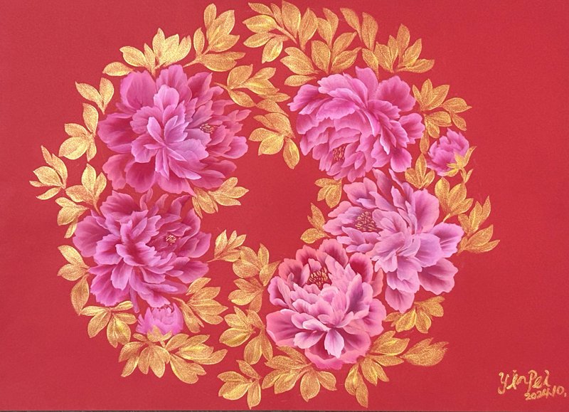 Festive red light peony festive commemorative good luck original hand-painted hanging painting - Posters - Paper 