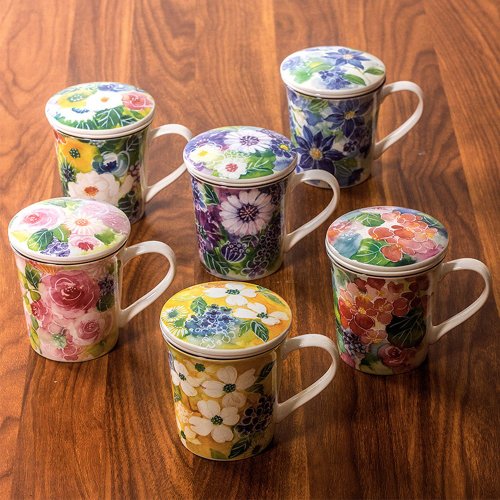 日本藥師窯 日本和藍美濃燒陶瓷花語馬克杯帶蓋帶茶漏茶杯水杯咖啡杯生日禮物