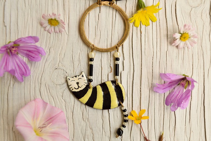 Enamel Necklace, Ring Necklace, Circus, Aerialist, Yellow Black, Black Cat, - Necklaces - Enamel Yellow