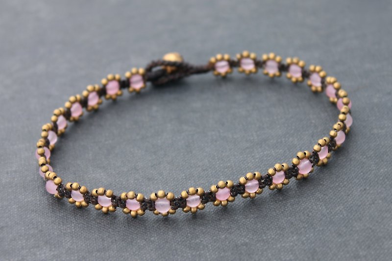 Beaded Anklet, Rose Quartz Pink Stone Woven Brass Anklets Flower Anklets - Anklets & Ankle Bracelets - Semi-Precious Stones Pink