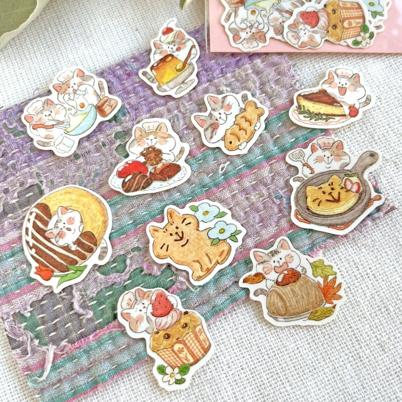 フレークシール ー ねこのパティシエ お菓子シール - 貼紙 - 防水材質 多色