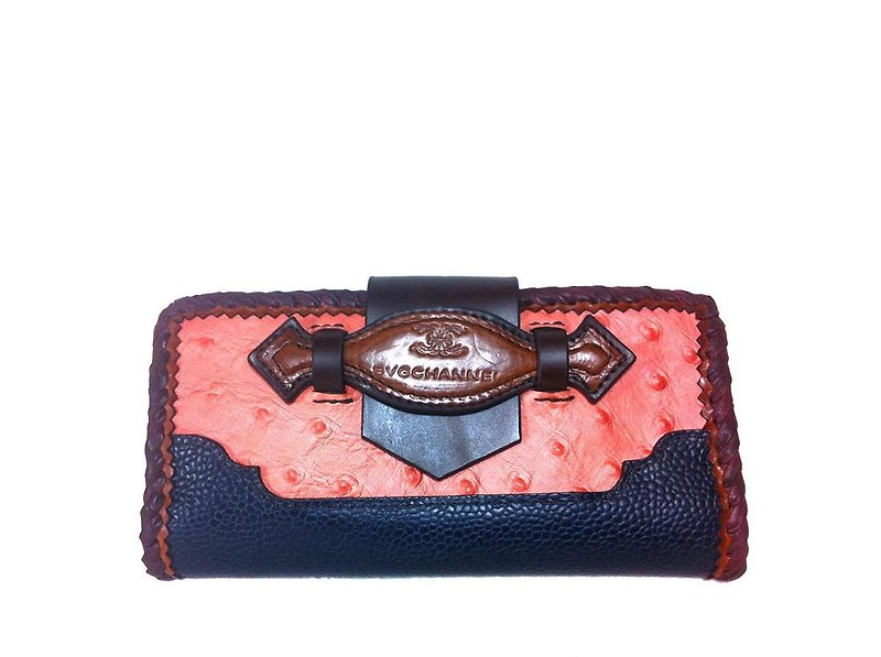Embossed ostrich French flap long wallet / long wallet - กระเป๋าสตางค์ - หนังแท้ สึชมพู