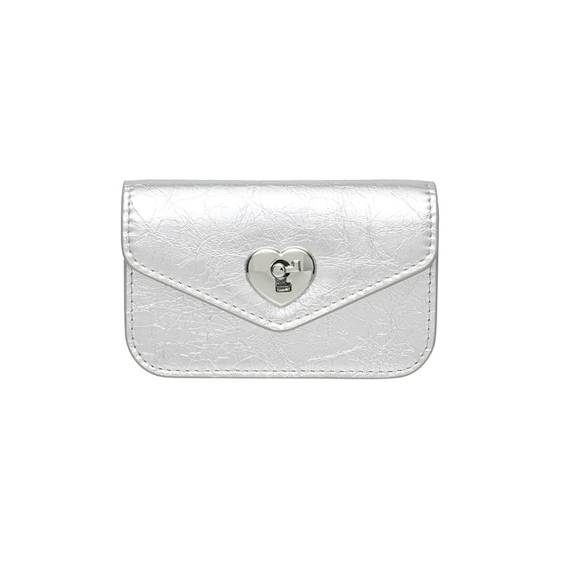 Heart Lock Compact Card Wallet Silver - 錢包/皮夾/長短夾 - 真皮 銀色