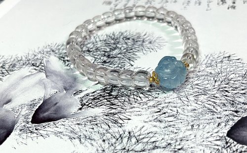 Angel's tears 天使之淚 Jewelry Design 5mm天然原礦白水晶直切 海藍寶狐球設計單圈手串
