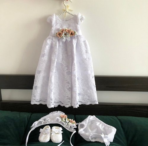 V.I.Angel White dress with lace, pearls, belt with flowers, bonnet, panties and shoes.