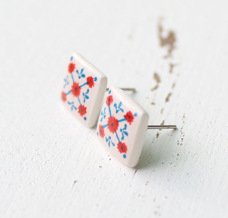Little red flower rhombus pattern tile earrings / geometric / square - Earrings & Clip-ons - Clay Red