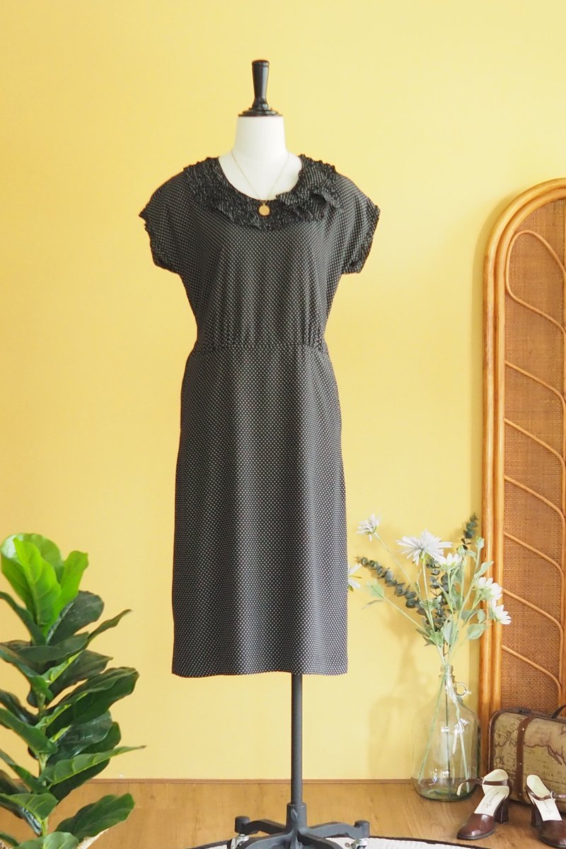 Vintage dress | Size L | Black white polka dot - ชุดเดรส - เส้นใยสังเคราะห์ สีดำ