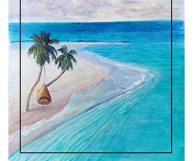 オリジナルの手の油絵キャンバスにロールトロピカルビーチ海海砂アート