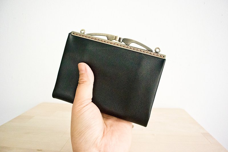 Leather Kisslock Clutch, Wallet, Frame Purse, Long Wallet/ black - Wallets - Genuine Leather Black