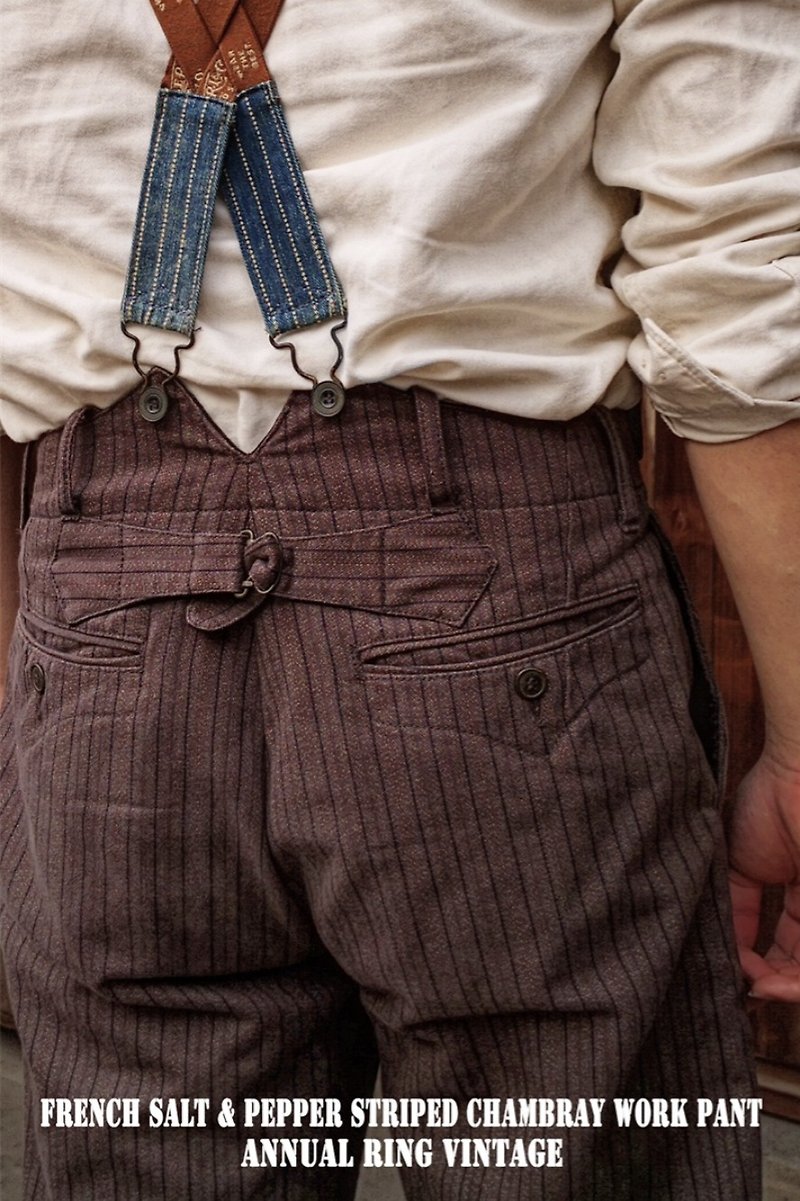 French Chambray Work Pants 法式條紋胡椒鹽工裝褲 (不含背帶) - 長褲/短褲 - 棉．麻 咖啡色