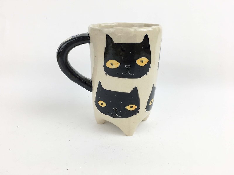Nice Little Clay Handmade Cup _ Full Black Cat Head 0110-06 - Mugs - Pottery White