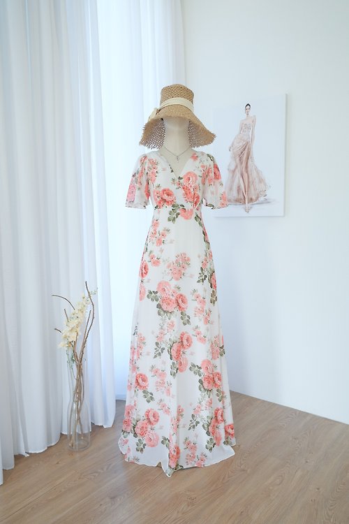 KEERATIKA Off white floral summer maxi dress Bridesmaid party cocktail dress Sundress