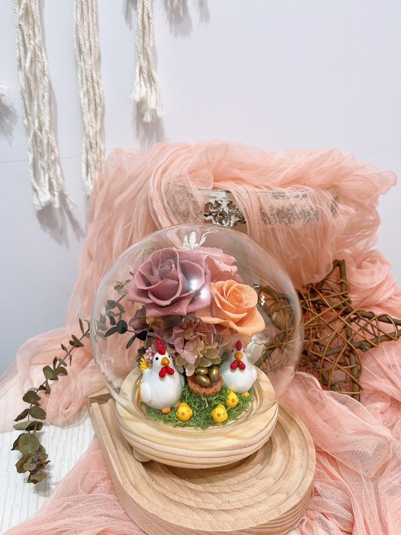 帶路雞/永生花帶路雞夜燈/入厝/結婚/乾燥玫瑰色 - 乾燥花/永生花 - 玻璃 粉紅色